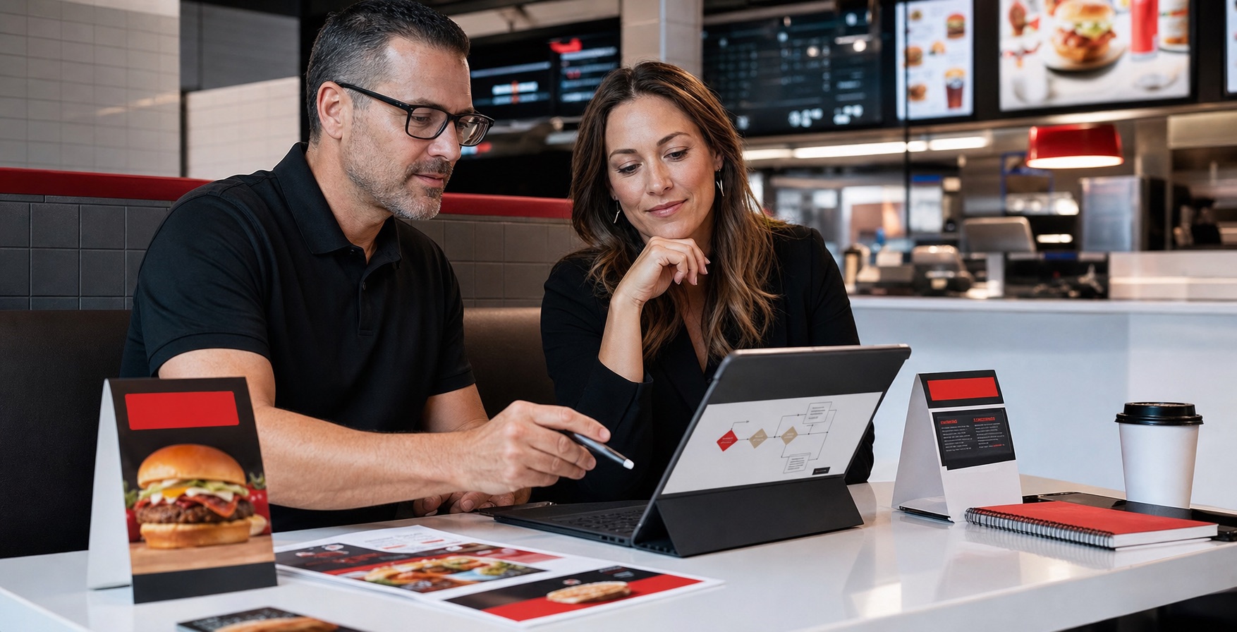 Franchise operator and brand manager reviewing co-op marketing controls