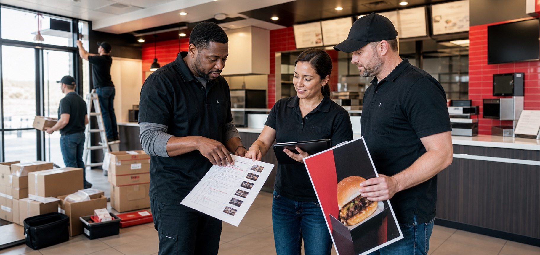 Restaurant opening team coordinating install materials