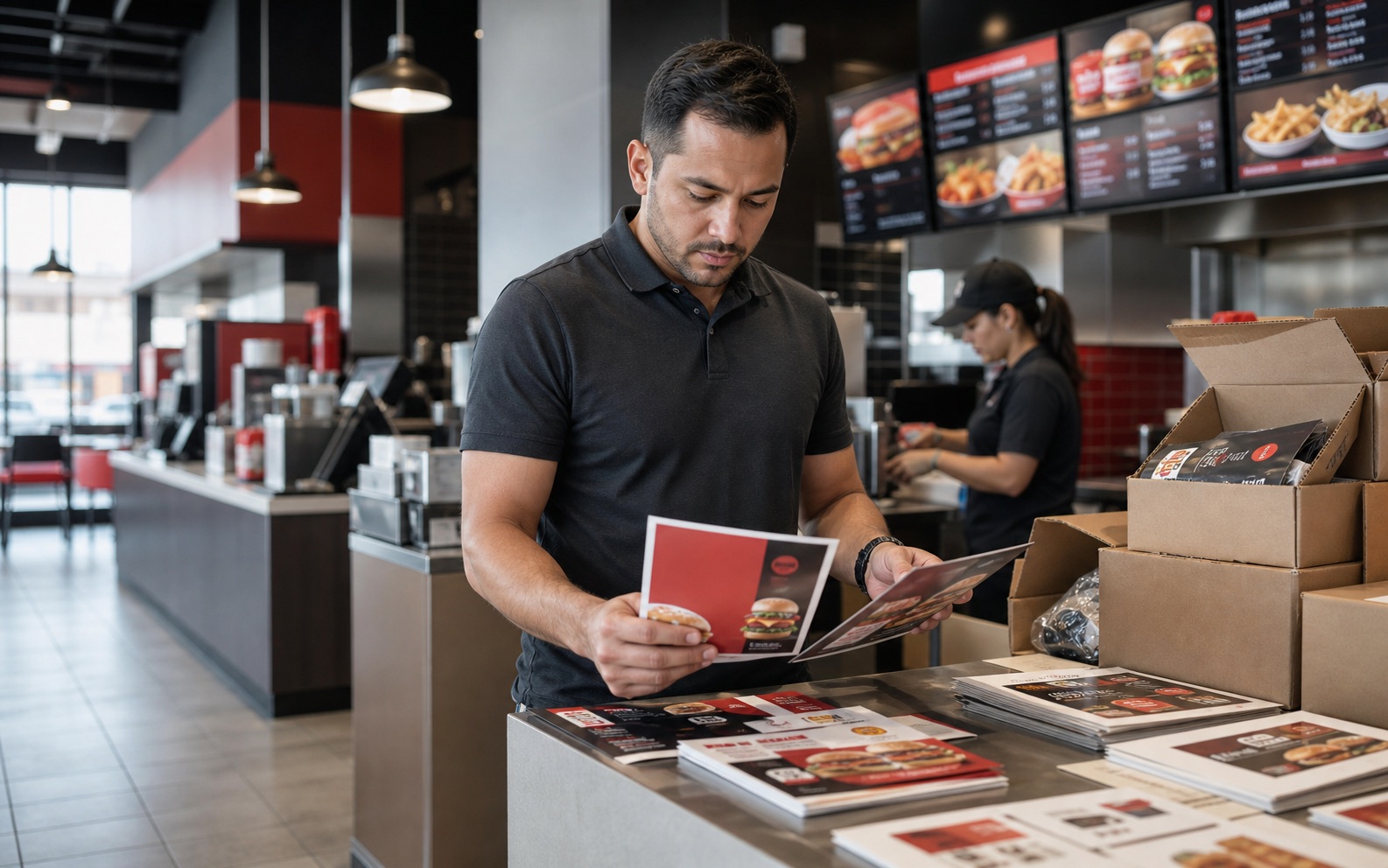 Restaurant manager reviewing campaign materials at the counter