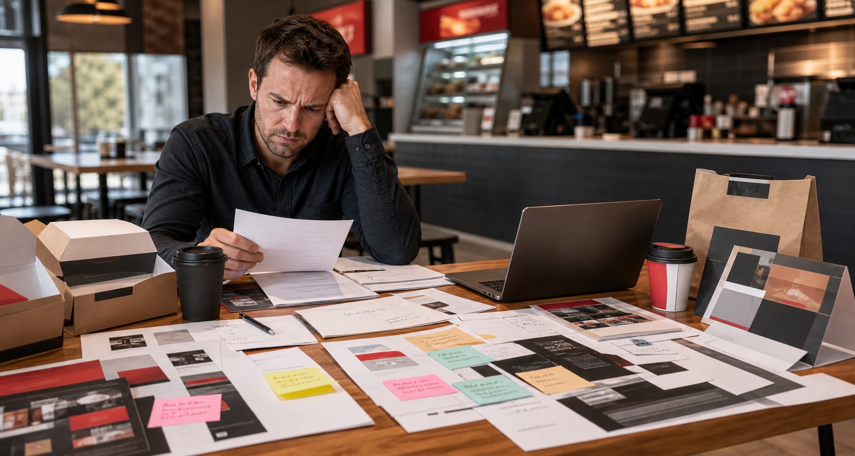 Restaurant marketing manager sorting supplier materials